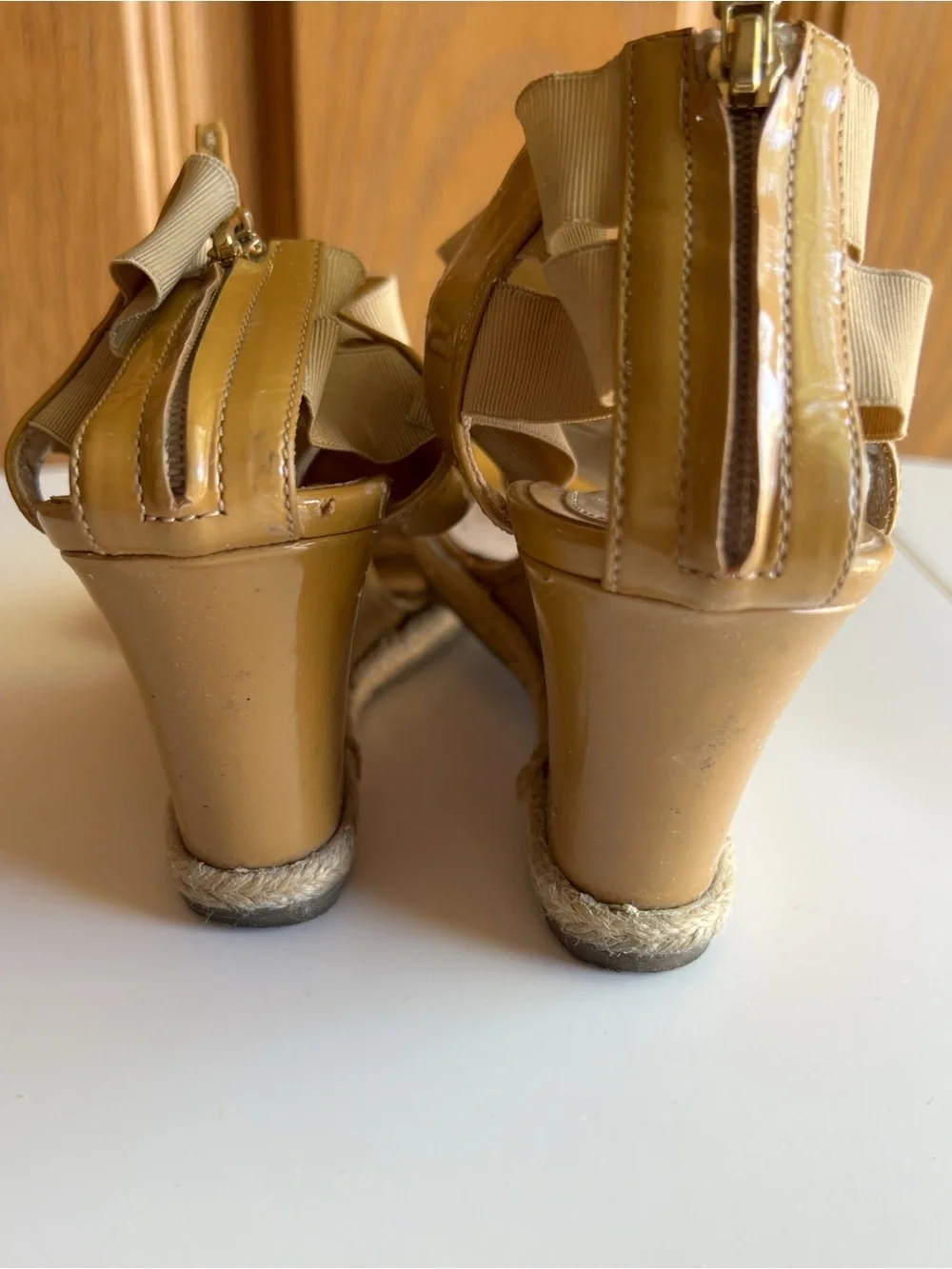 Fendi Patent Leather T-Strap Wedge Sandals Tan Beige EU 35.5